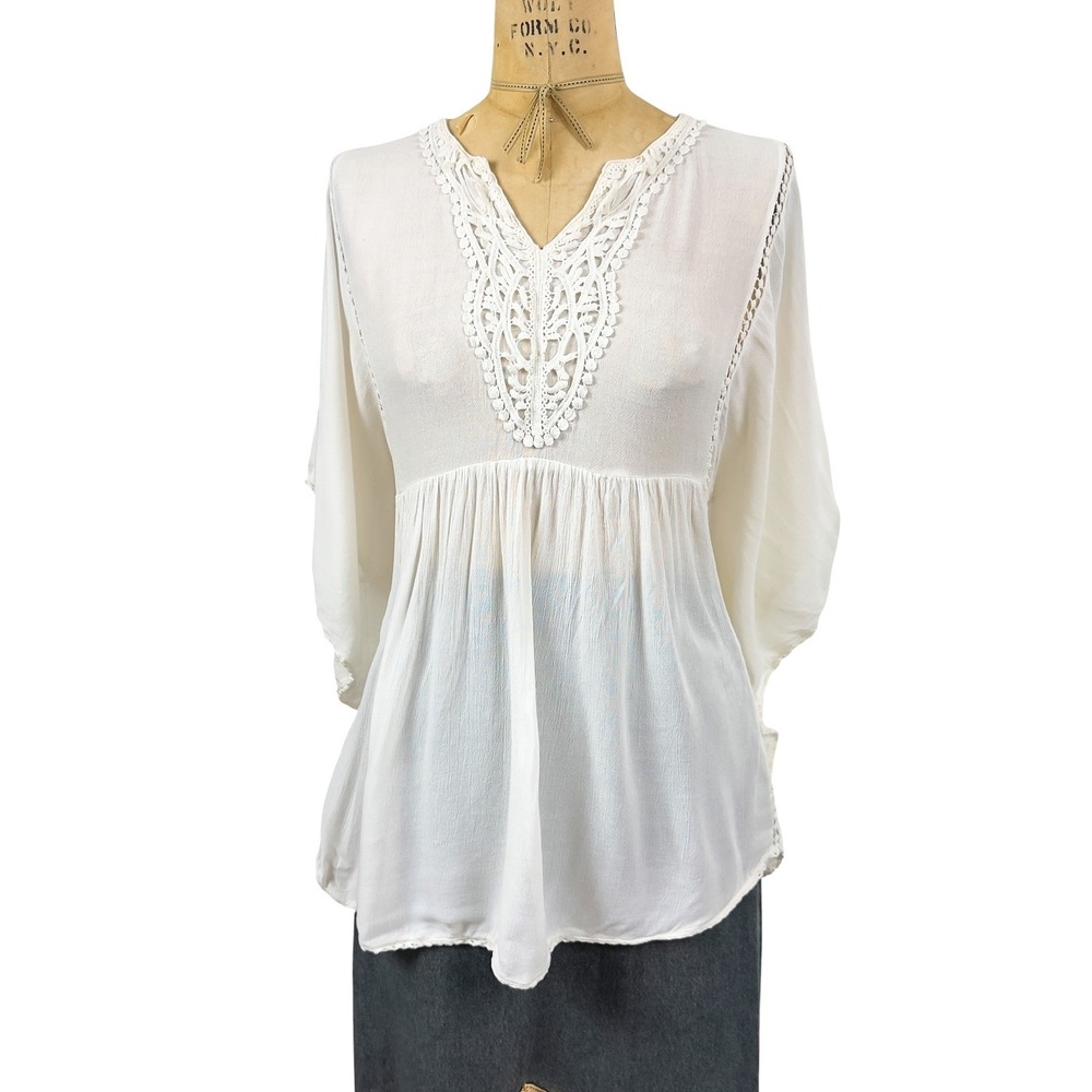 Y2K Boho Crochet Flowy Peasant Top Ivory Gauze Babydoll Angel Sleeve Cottage M